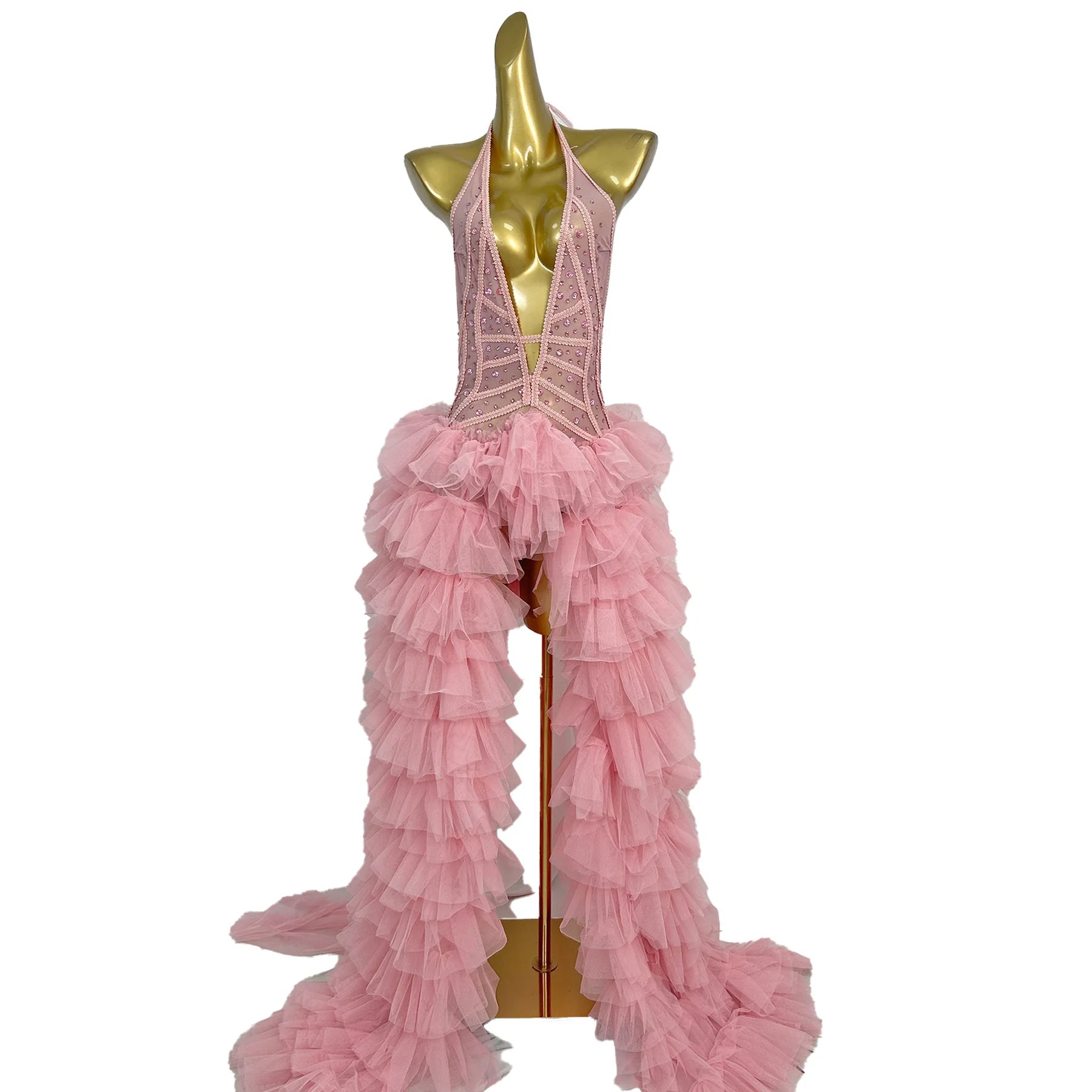 Pink Rhinestone Ruffle Backless Gala Ball Gown & Birthday Evening Dress