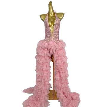 Pink Rhinestone Ruffle Backless Gala Ball Gown & Birthday Evening Dress
