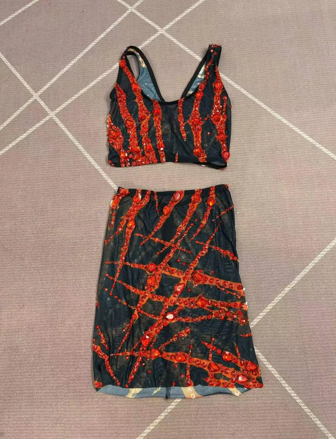 Women's Rhinestone Mesh Dress Set | Shining 2-Piece Stage Costume for Singer, Dancer & Party