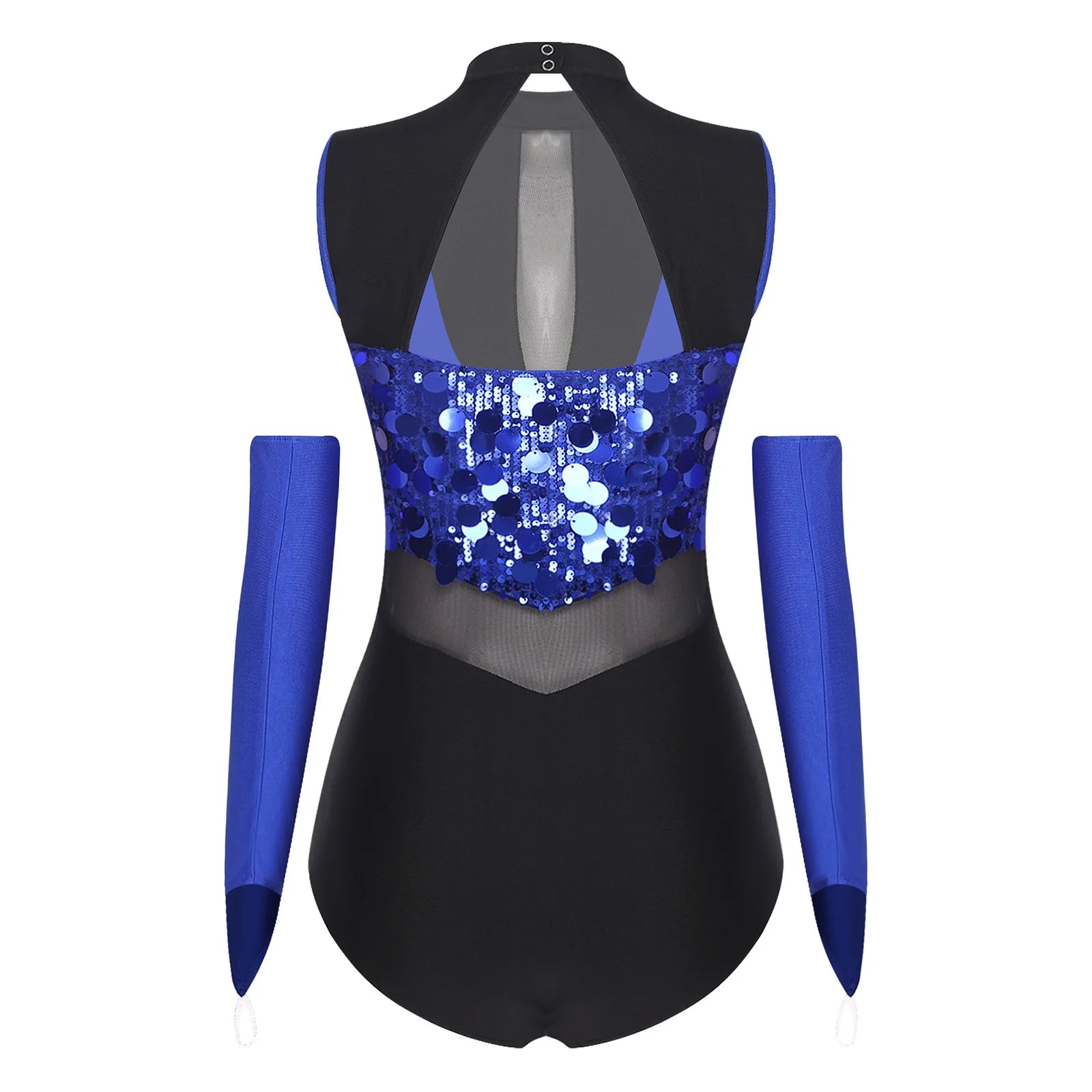 Sparkly Sequin Mock Neck Dance Leotard & Gloves Two-Piece Bodysuit Set