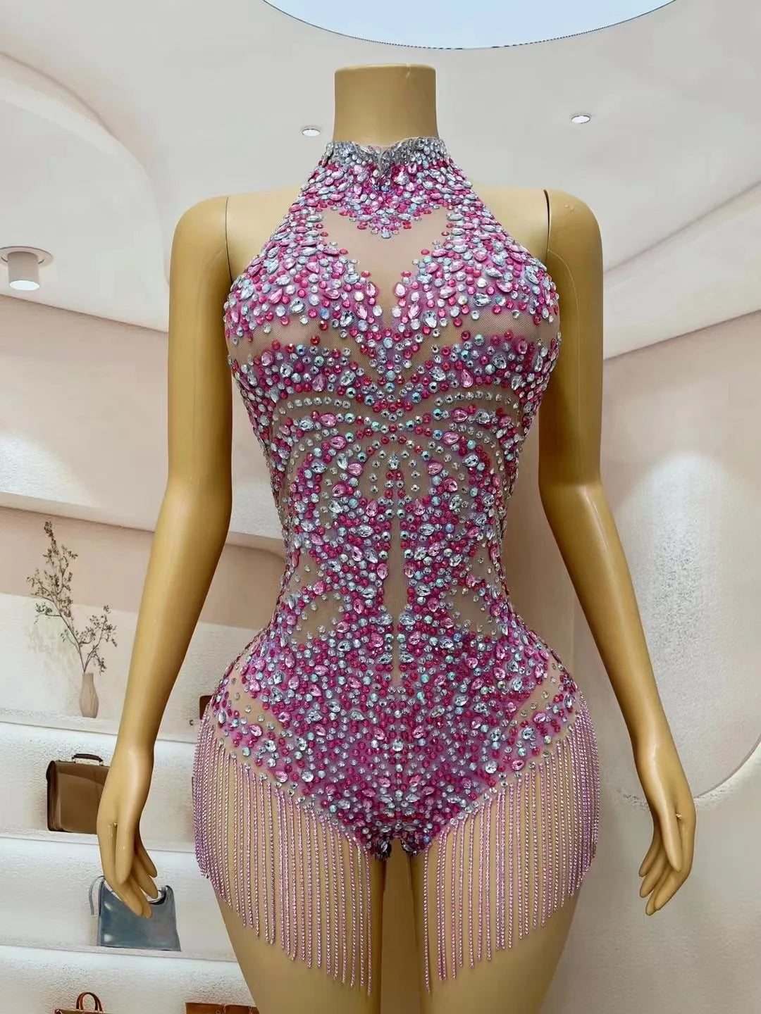 Sparkly Pink Rhinestone & Chain Backless Bodysuit Stage Costume