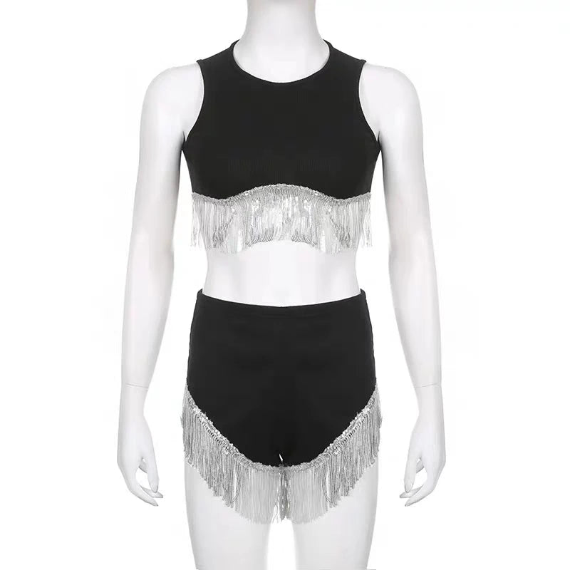 Shiny Fringe Performance Top & Shorts Set