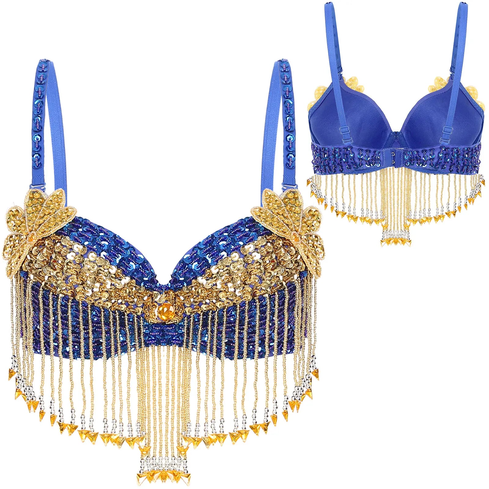 Sparkly Floral Beaded Sequin Belly Dance Bra & Tassel Performance Top