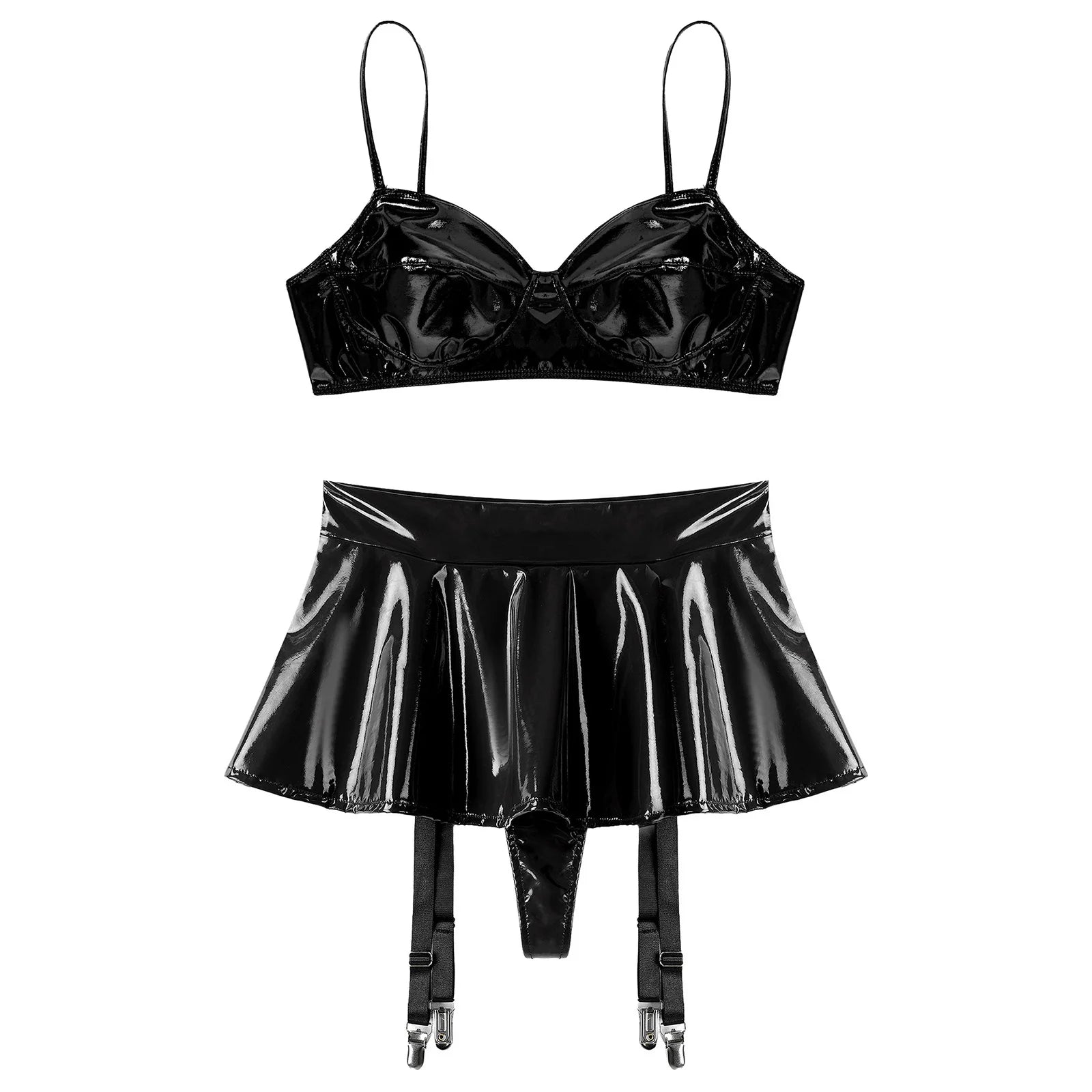 Wet Look PU Leather Bra Top & Ruffled Miniskirt Set with Garter Clips