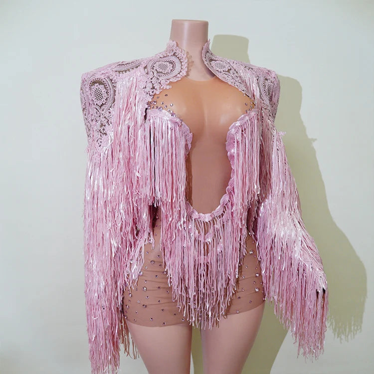 Rhinestone Tassel Fringe Jacket And Dress Costume Set