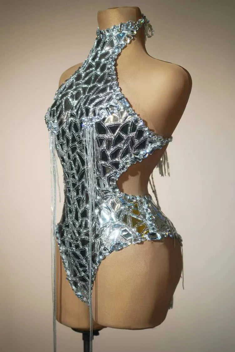 Silver Mirror Asymmetrical Bodysuit, Sculpted Captain Hat & Puffer Bolero Coat 3-Piece Stage Costume Set