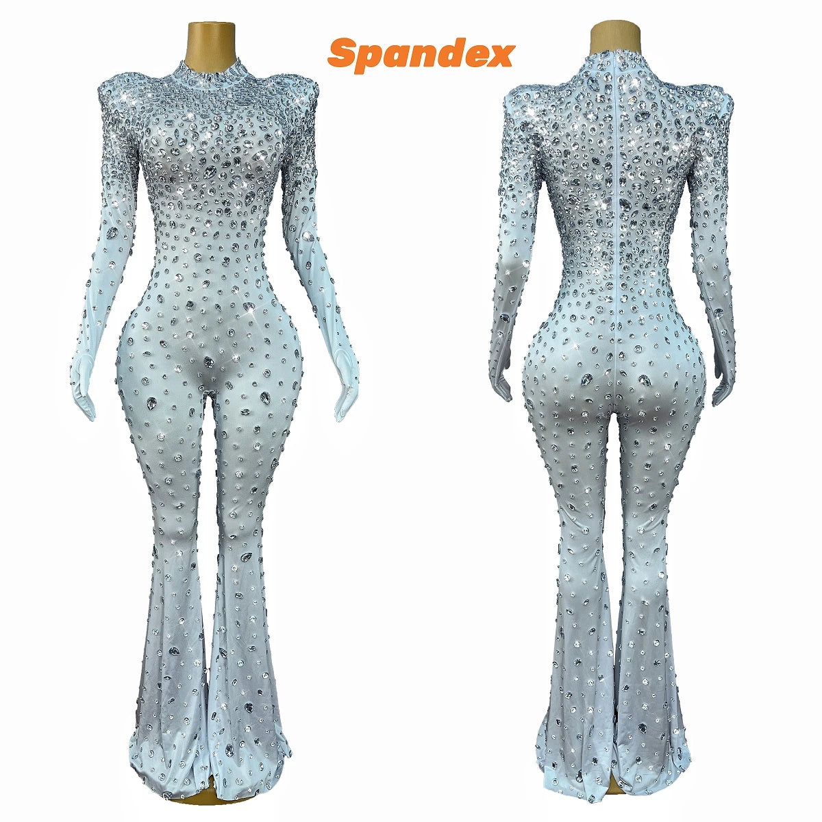 High Grade Sparkly Rhinestones Bell-Bottoms Jumpsuit Cocktail Party Fashion Show Singer Dancer Performance Costume