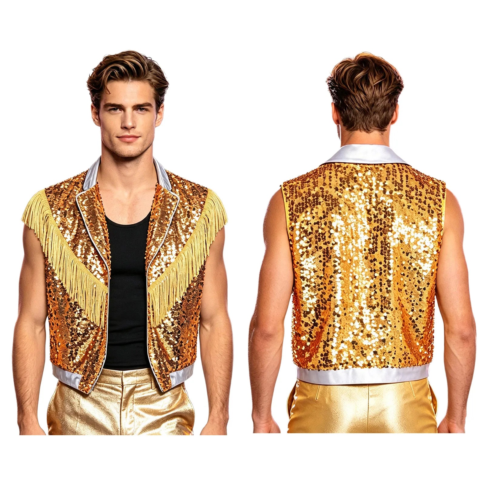 Men's Metallic Sequin Tassel Open-Front Vest Lapel Collar Sleeveless Stage Dance Waistcoat