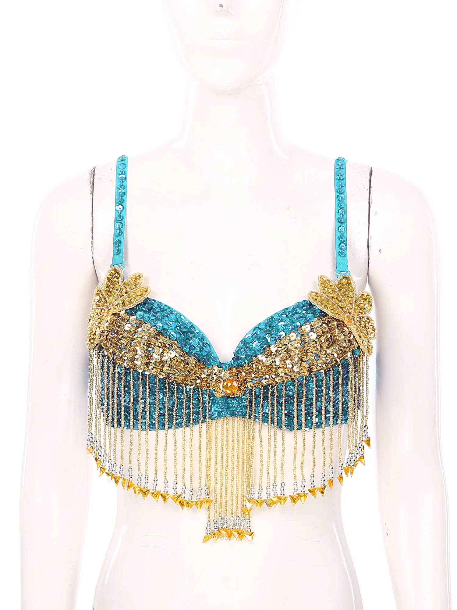 Sparkly Floral Beaded Sequin Belly Dance Bra & Tassel Performance Top
