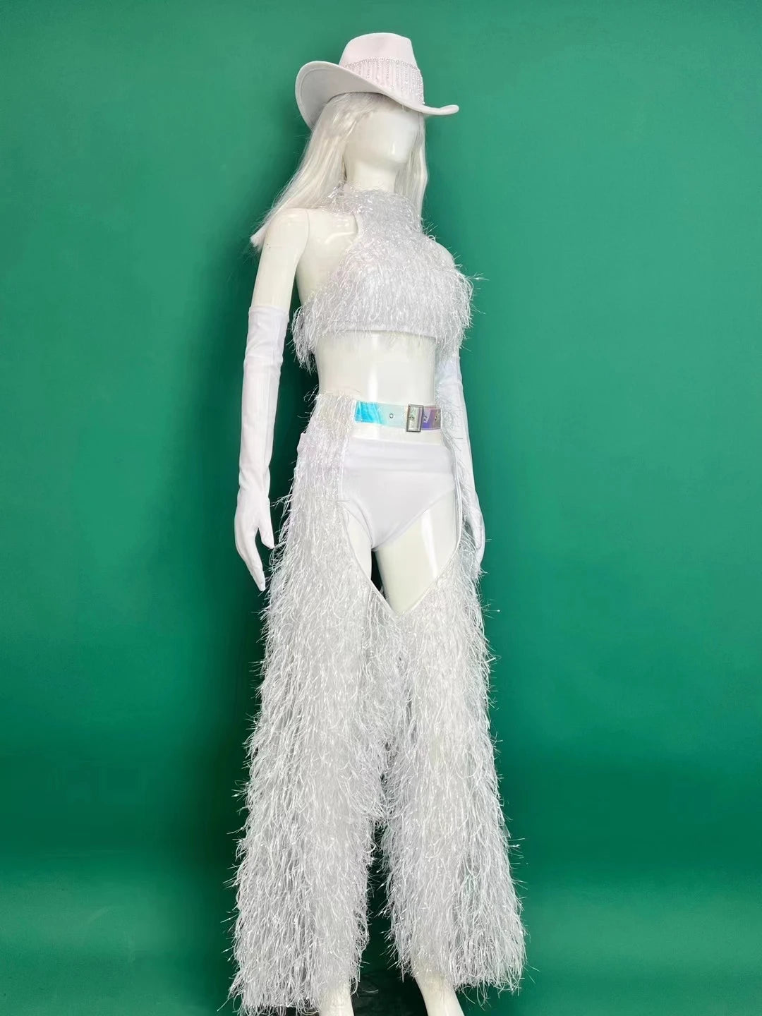 White Faux Fur Halter Top, Flare Chaps Pants, Long Gloves & Hat 4-Piece Stage Dance Costume Set