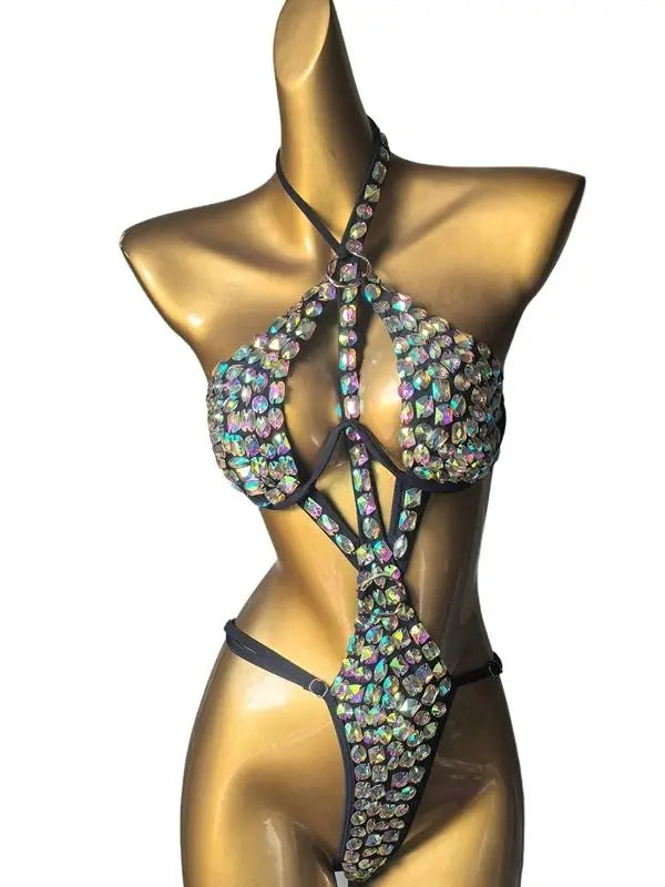 Cut-Out Rhinestone Bandage Performance Set – Shimmering Crystal Push-Up Costume & Open-Front Leotard Accent for Raves & GoGo Dancers