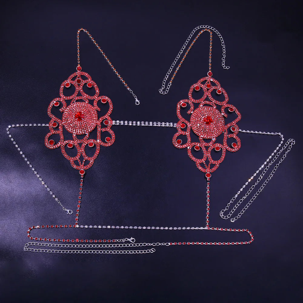 Exaggerated Red Rhinestone Floral Body Chain & Chest Harness Set