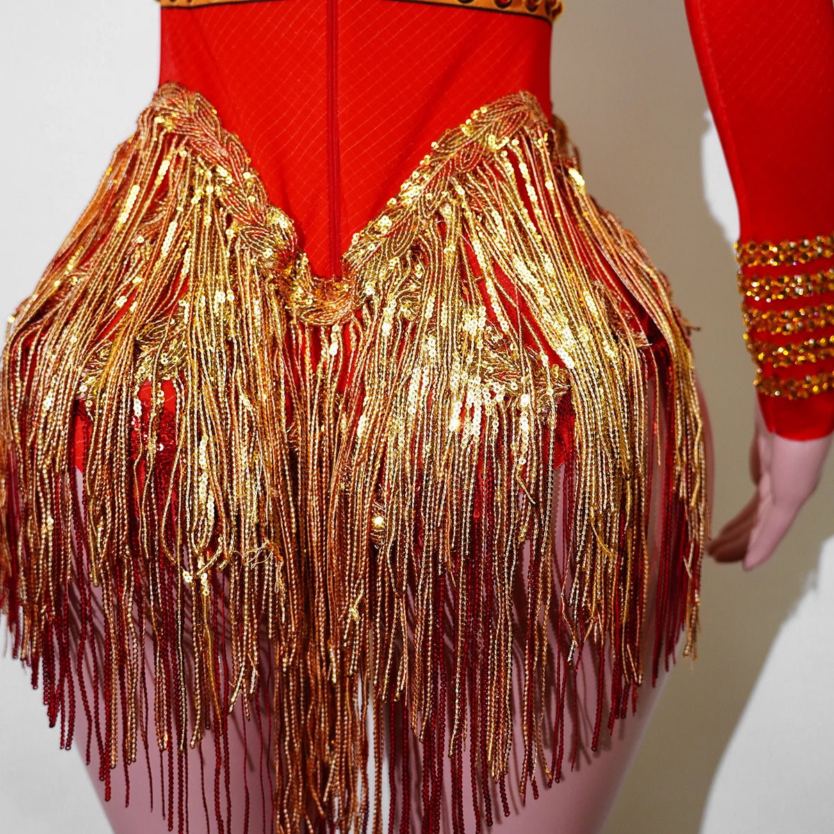 Red Ringmaster Circus Costume for Women | Gold Fringe Leotard for Stage & Dance