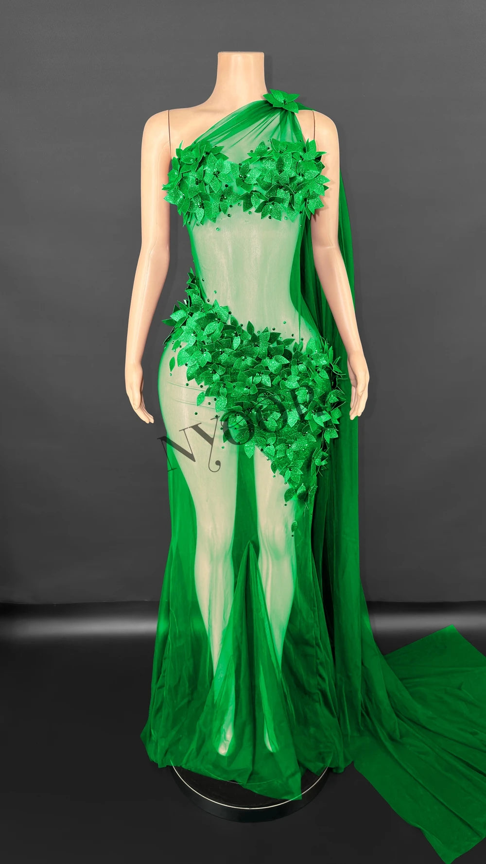 Sheer Rhinestone Applique Evening Gown Long Tail Showgirl Stage Performance Dress