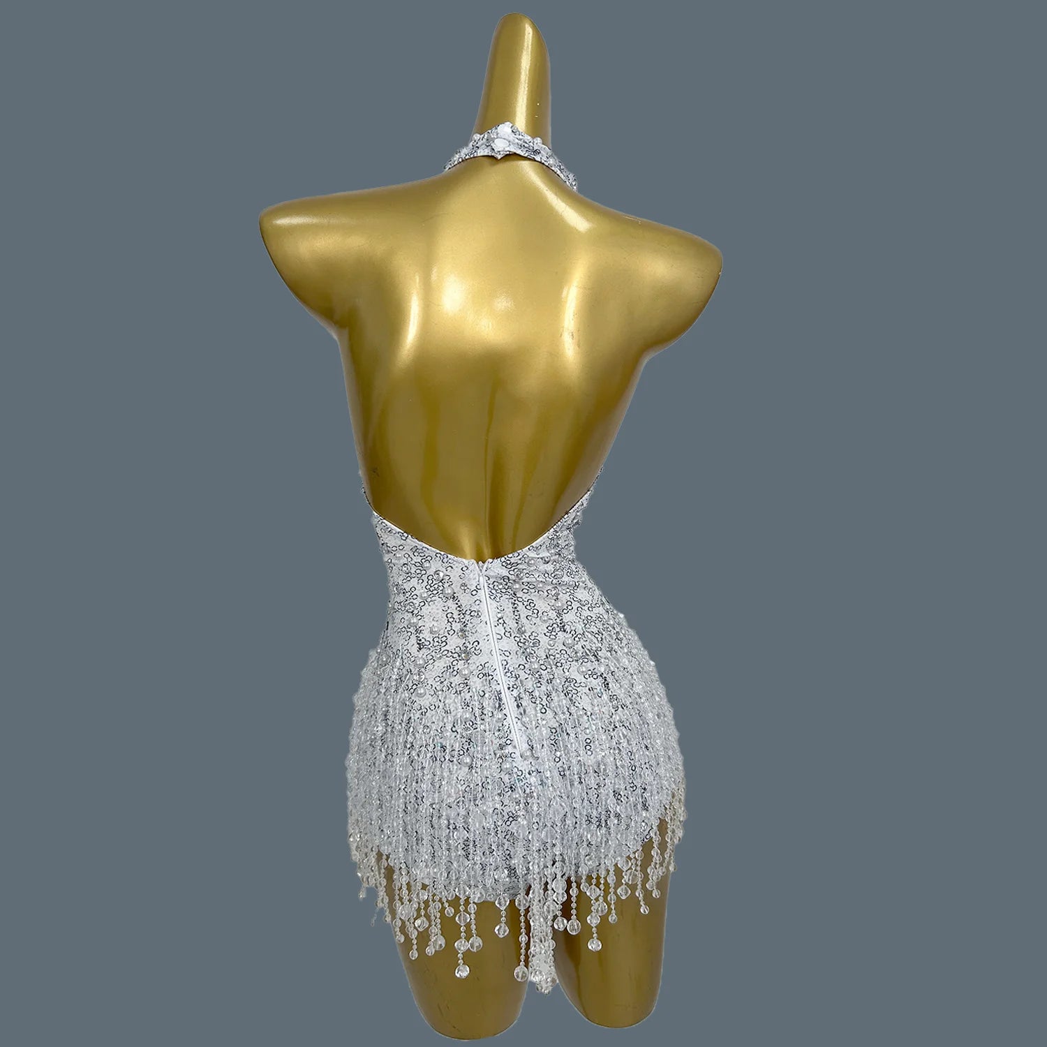 Sparkly Pearl & Crystal Tassel Deep V-Neck Backless White Stage Bodysuit Leotard