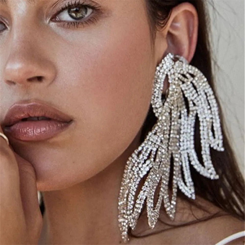 Oversized Crystal Rhinestone Angel Wing Drop Earrings Drag Queen Stage Jewelry