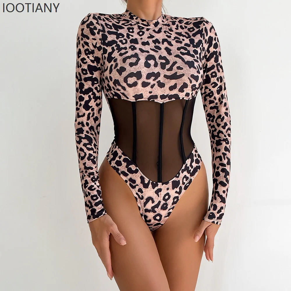 Leopard Print Sheer Mesh Corset Bodysuit Long Sleeve Stage Performance Dancewear