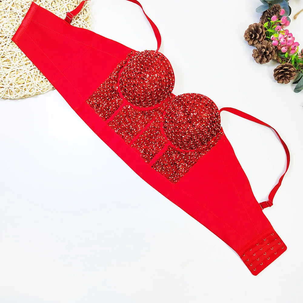 Gold Beaded Sequin Embroidery Bustier Corset Crop Top Party Bralette