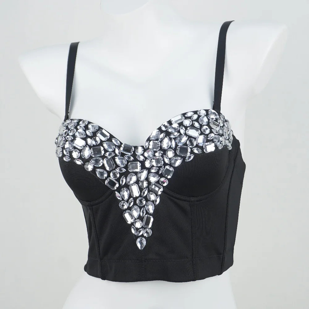 Black Crystal Bustier Corset Crop Top Beaded Stage Costume Evening Bralette