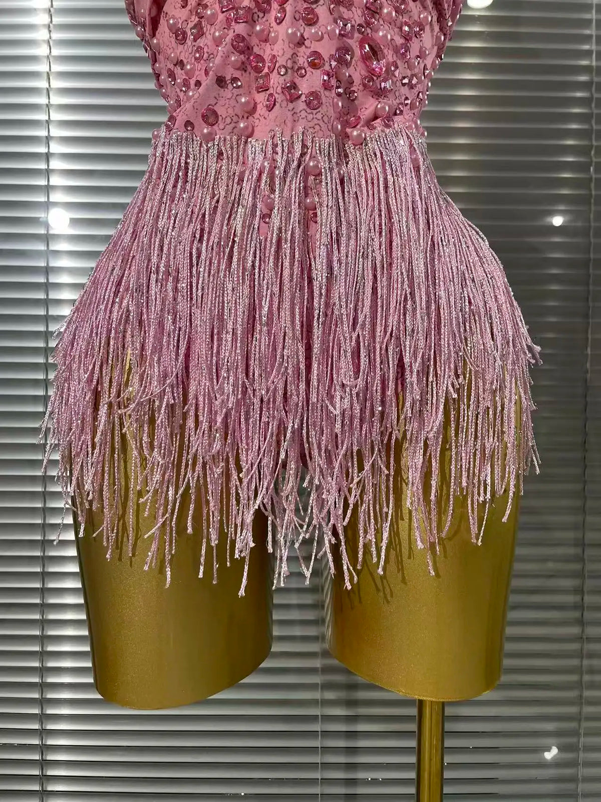 Vintage-Inspired Beaded Tassel Bodysuit Performance Costume