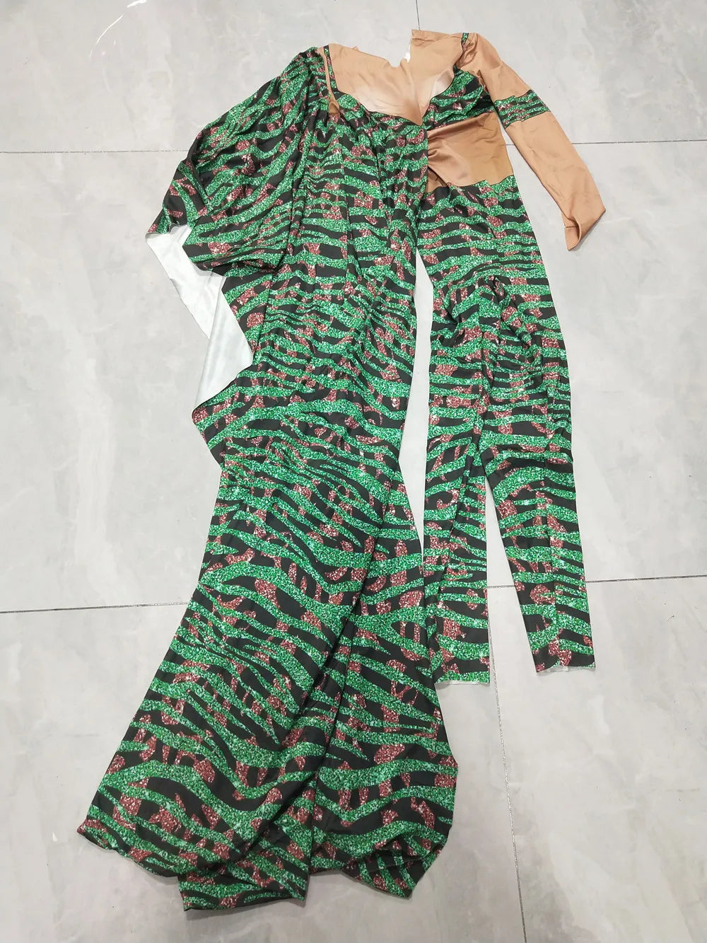 Irregular Single Sleeve Leopard Jumpsuit Green Tight Women Singer Stage Wear Nightclub Party Stage Performance Costume