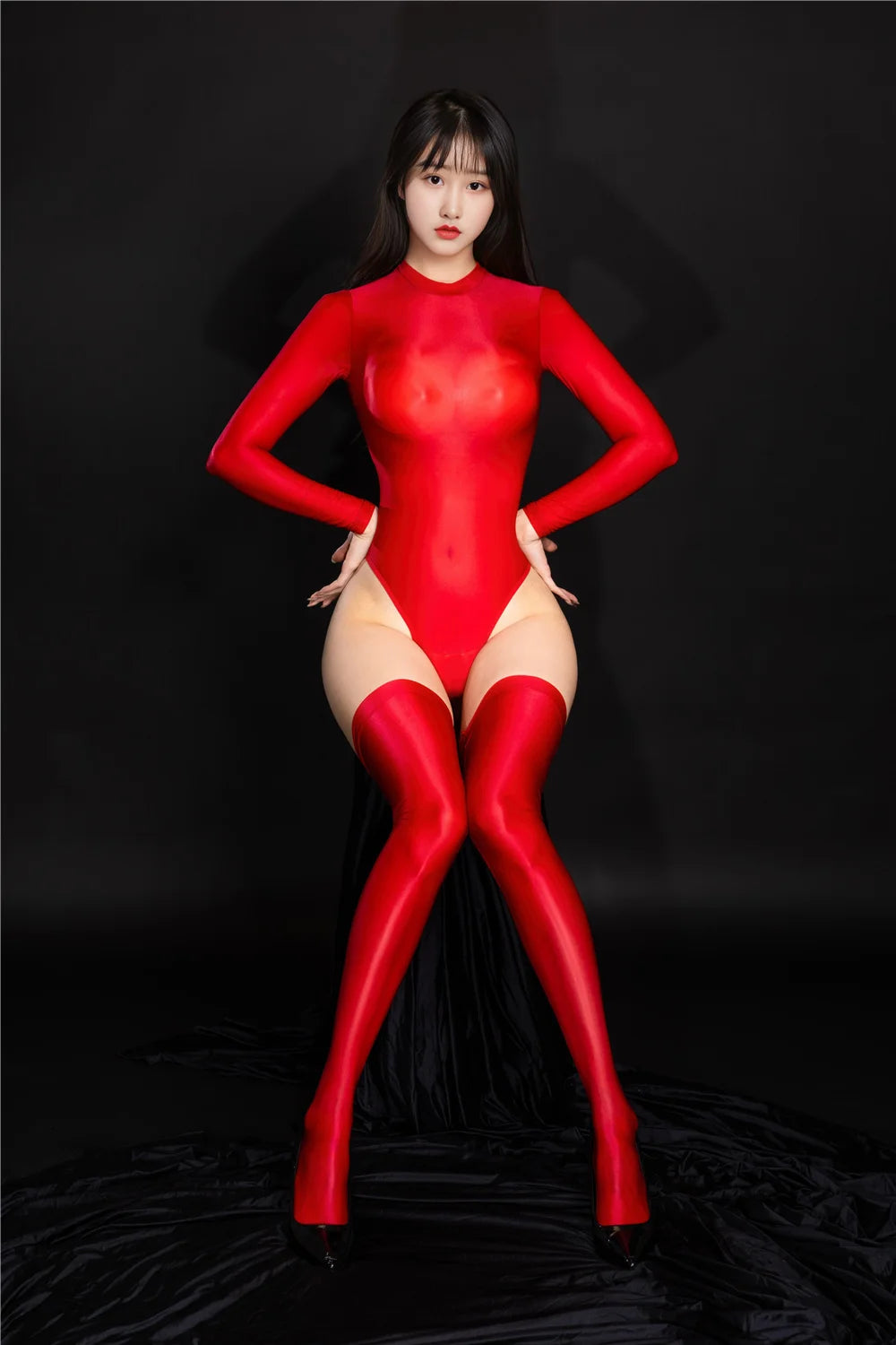 Oil Glossy High-Cut Open Crotch Shaping Bodysuit & Matching Stockings Set
