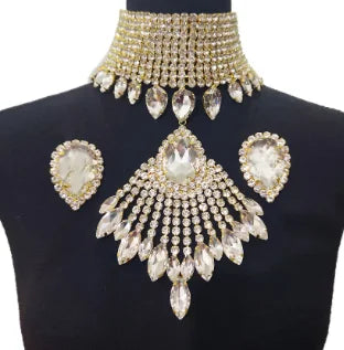 Oversized Crystal Rhinestone Tassel Choker & Earrings Drag Queen Jewelry Set