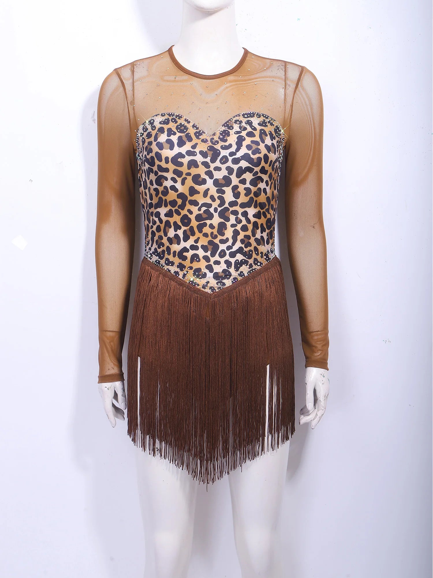 Leopard Rhinestone Fringe Latin Dance Bodysuit Mesh Long Sleeve Stage Performance Dress