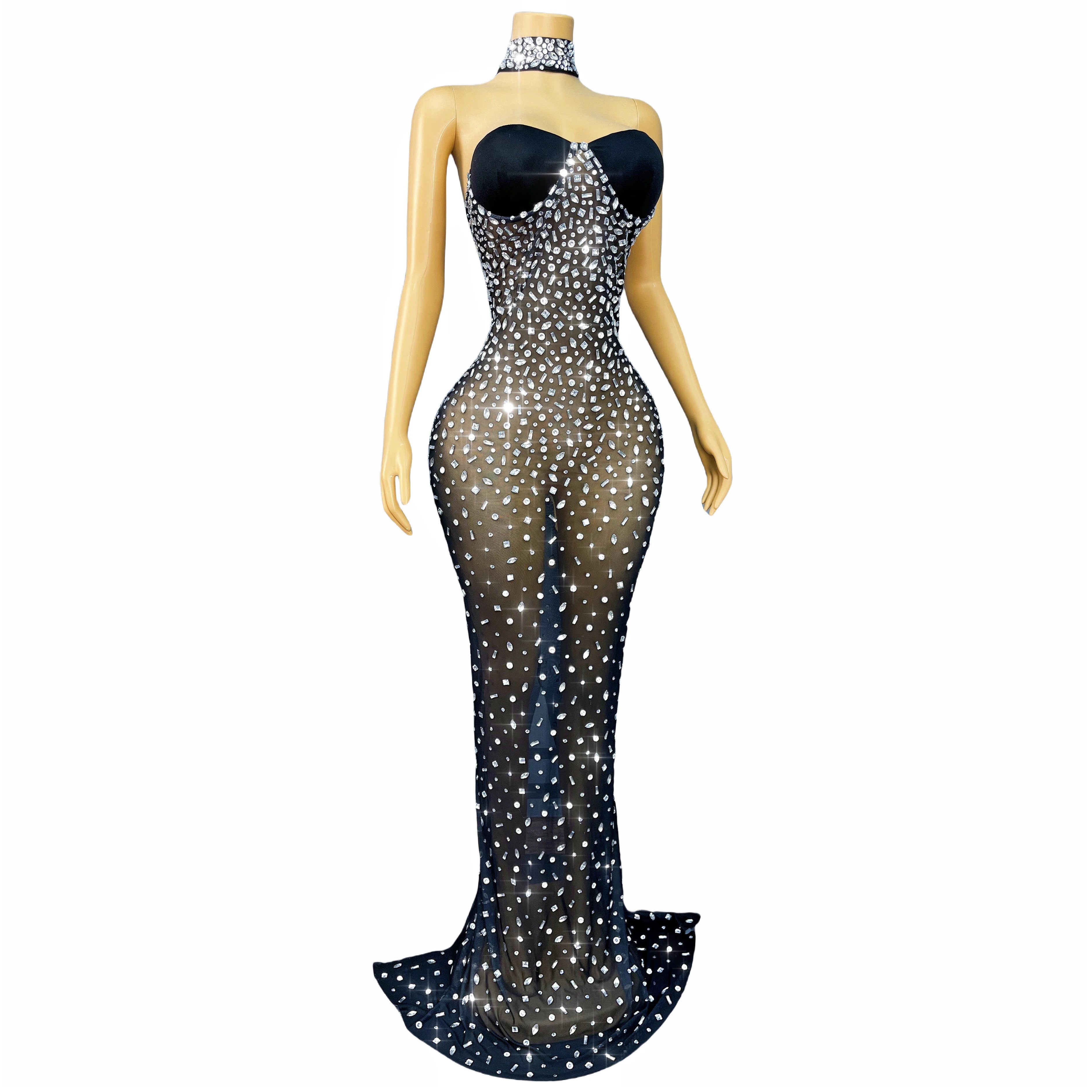 Silver Rhinestone Sheer Mesh Tube Evening Gown Stage Ball Dress
