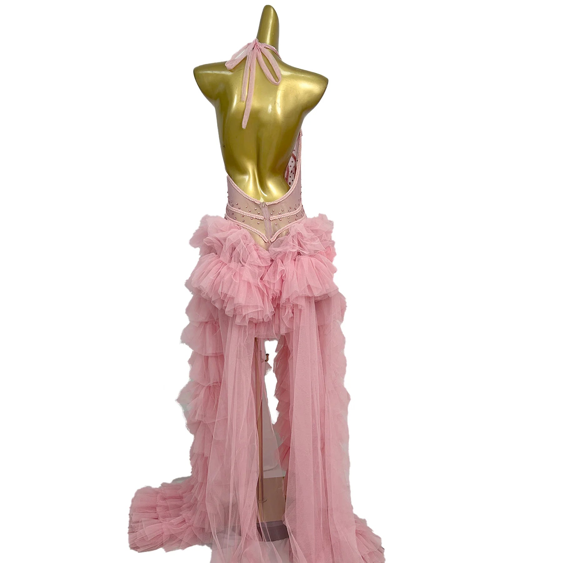 Pink Rhinestone Ruffle Backless Gala Ball Gown & Birthday Evening Dress