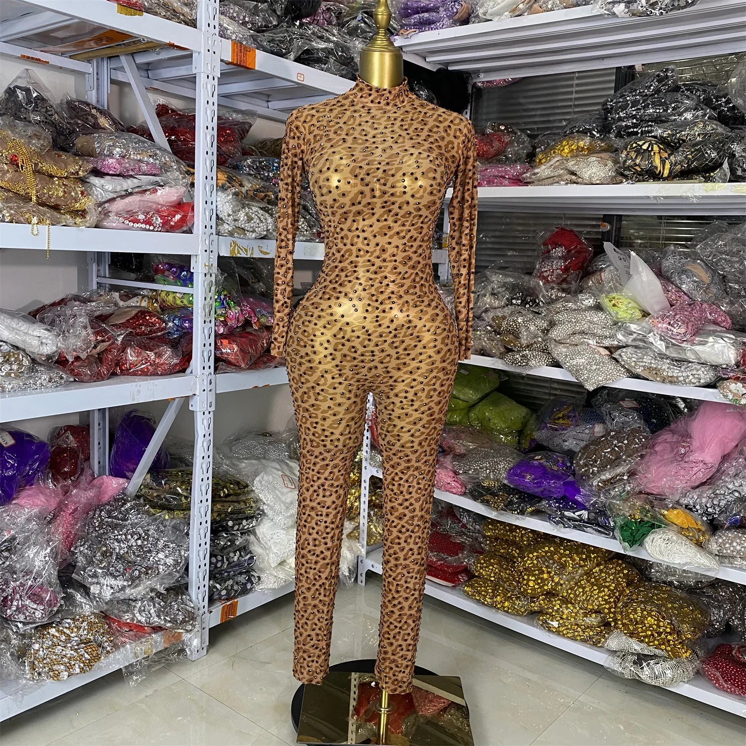 Leopard Print Rhinestone Catsuit Long Sleeve Stage Performance Jumpsuit