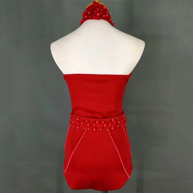Red White Beading Halter Bodysuit Women Backless Dance Costume Nightclub Singer Stage Performance Outfit