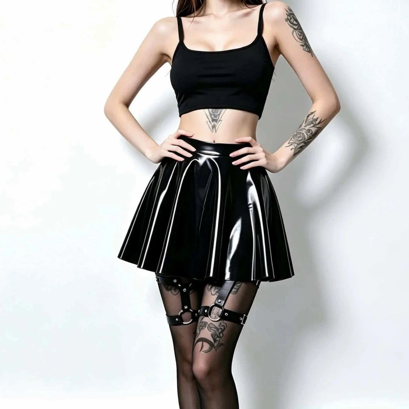 Fashion Women Gothic Style PU Skirt One Pieces Skirts PVC Shiny Flared Pleated  Mini A Line Skirts Street Maid Ruffled Skirt