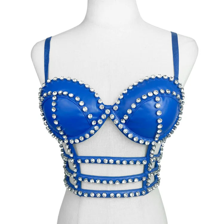 Gothic Studded Faux Leather Bustier Top Cage Strap Party Bralette