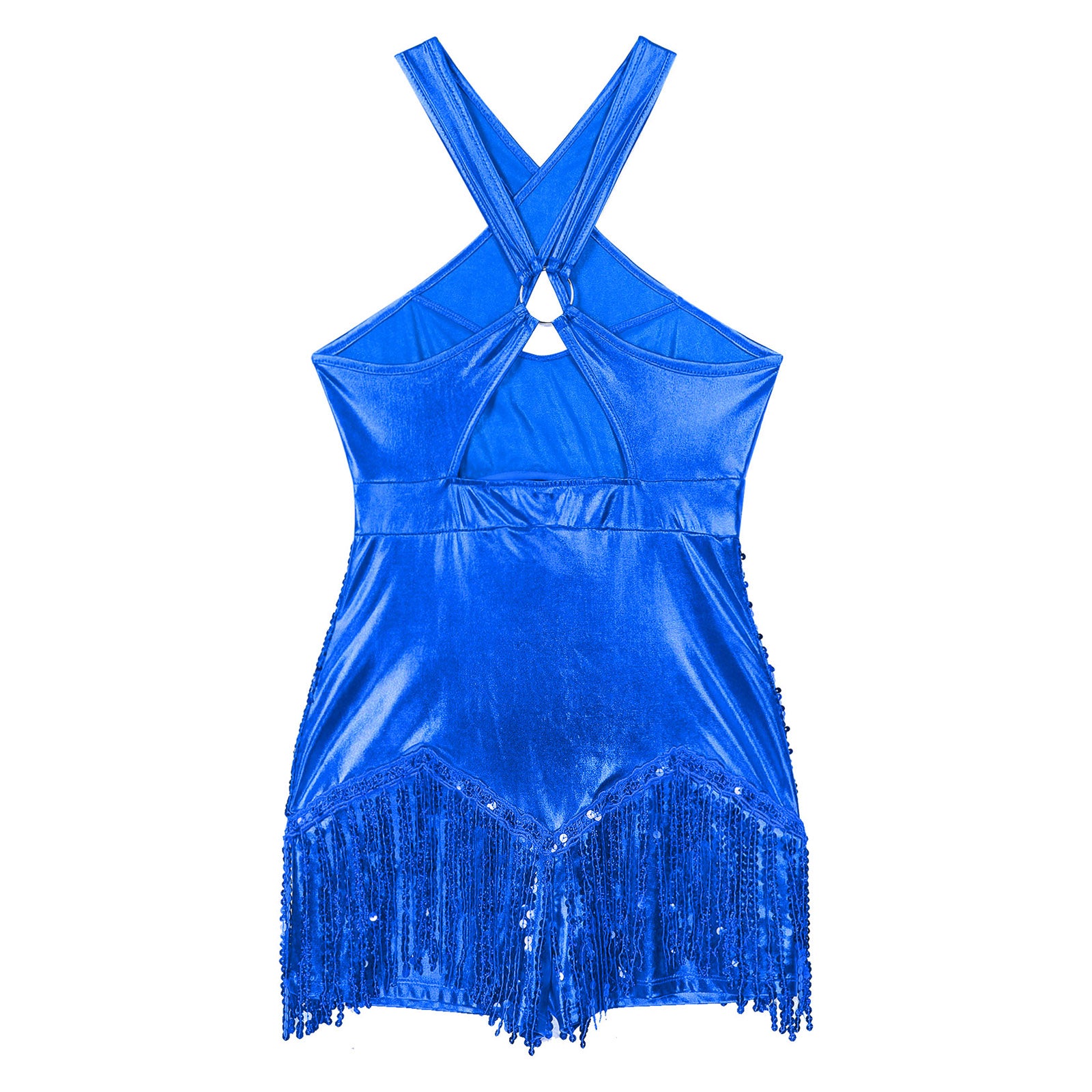 Sequined Fringe Cross-Front Latin Dance Leotard Costume Dress
