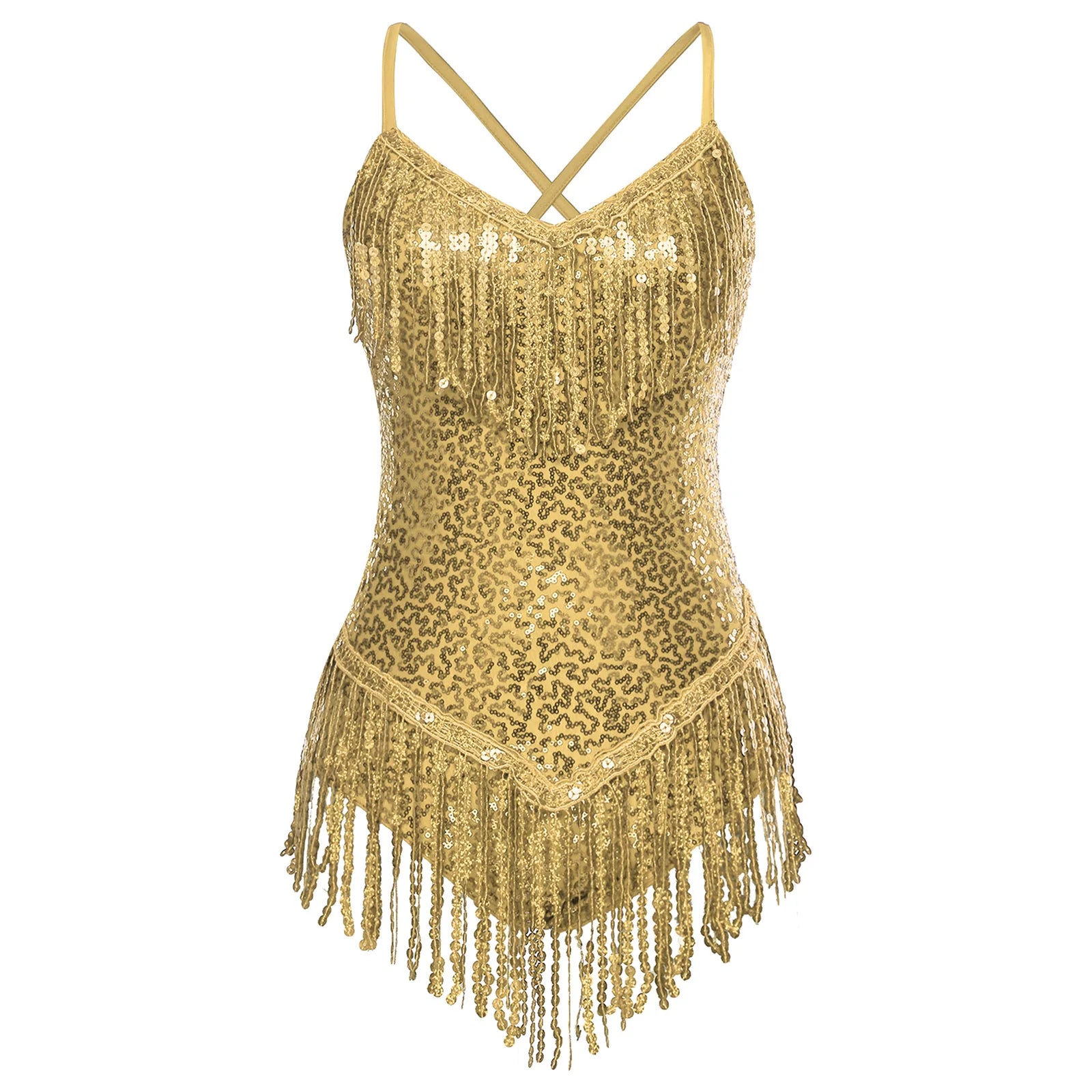 Sequins Fringed Cross Back Latin Dance Leotard Sleeveless V-Neck Bodysuit