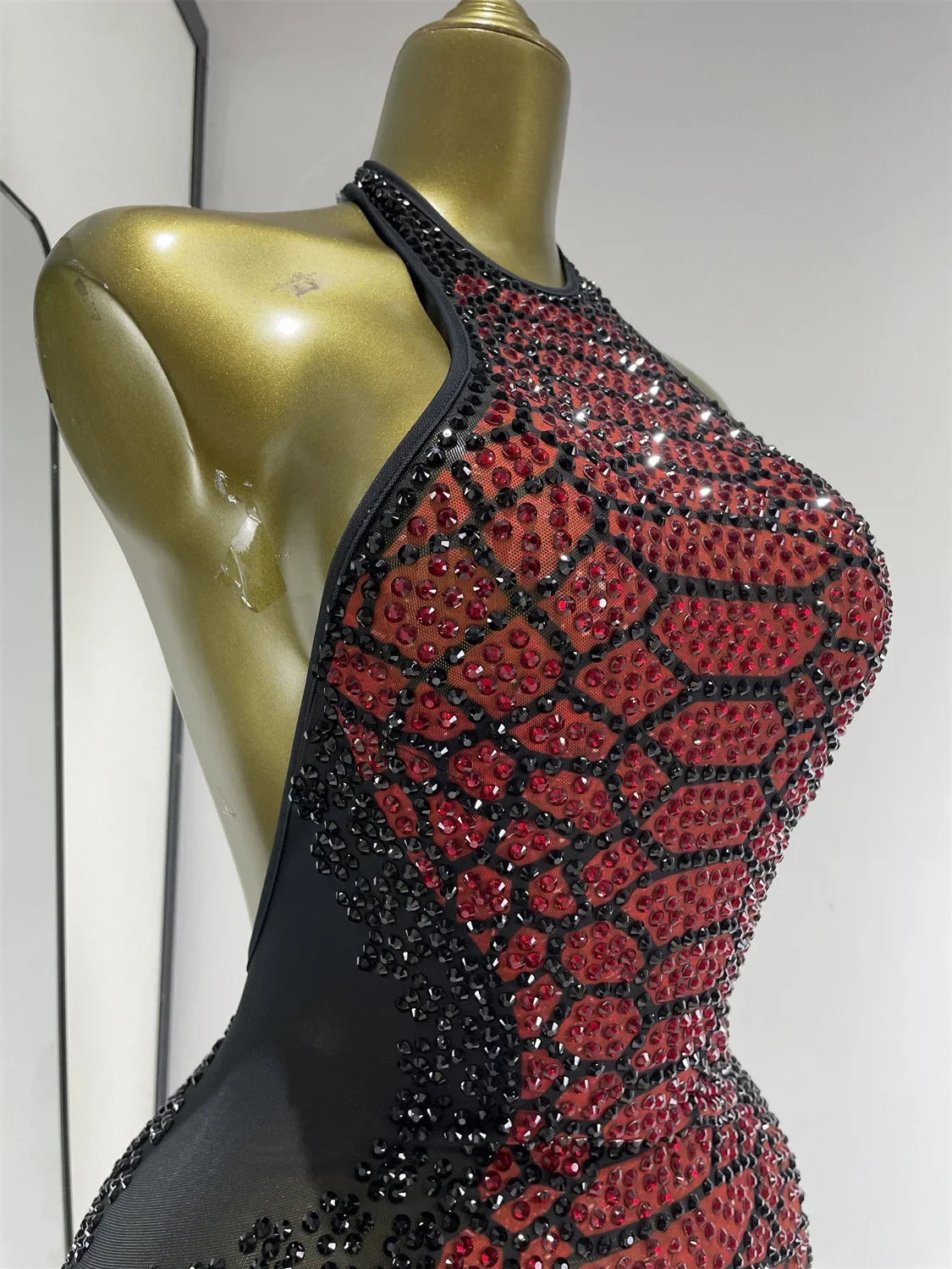 Claret Red Snakeskin Rhinestone Halter Gown Backless Mesh Illusion Evening Maxi Dress