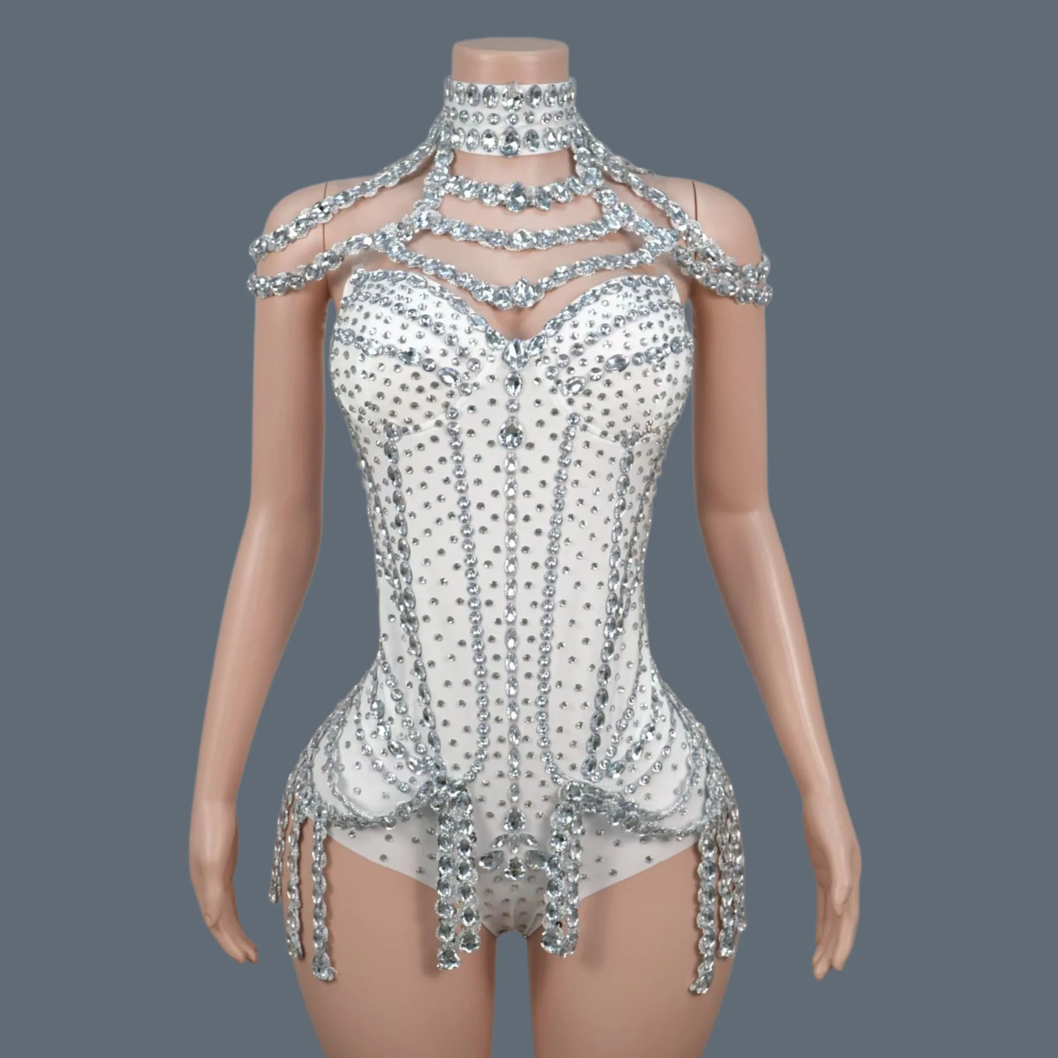 Sparkly Rhinestone Tassel Spandex Bodysuit Halter Dance Stage Costume Leotard