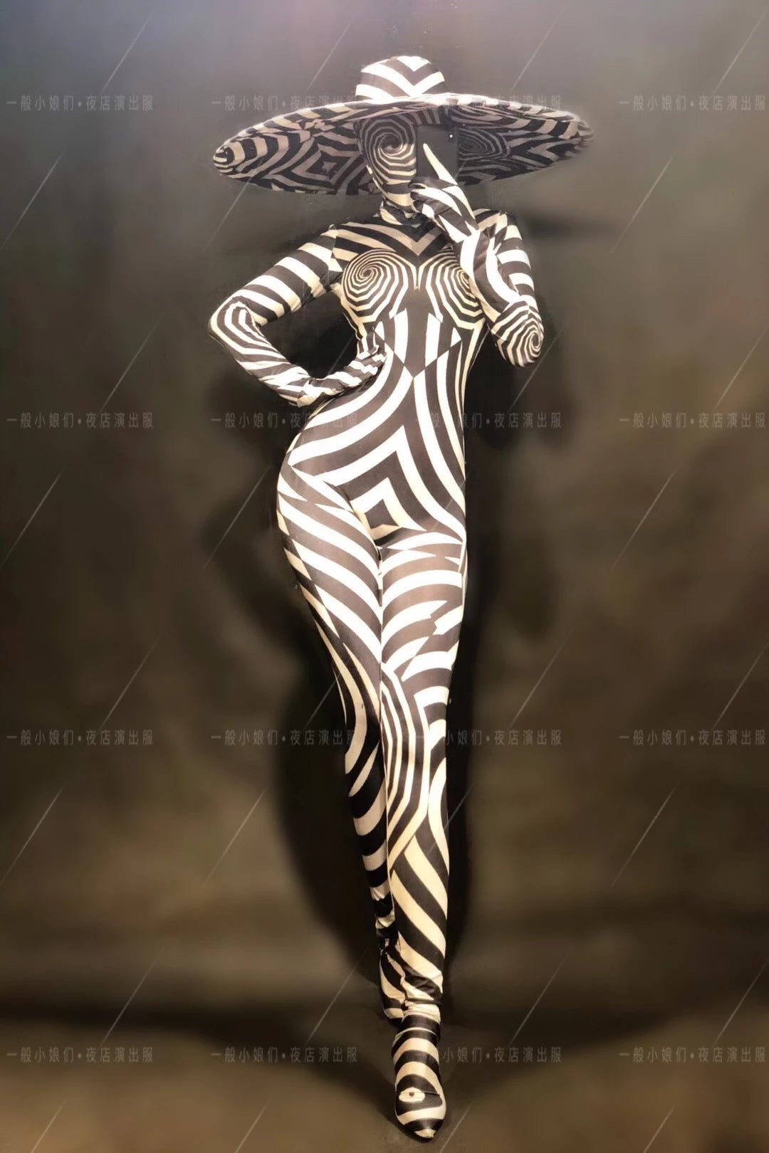 Zebra Stripe Catsuit & Oversized Wide-Brim Sun Hat Stage Performance Costume Set