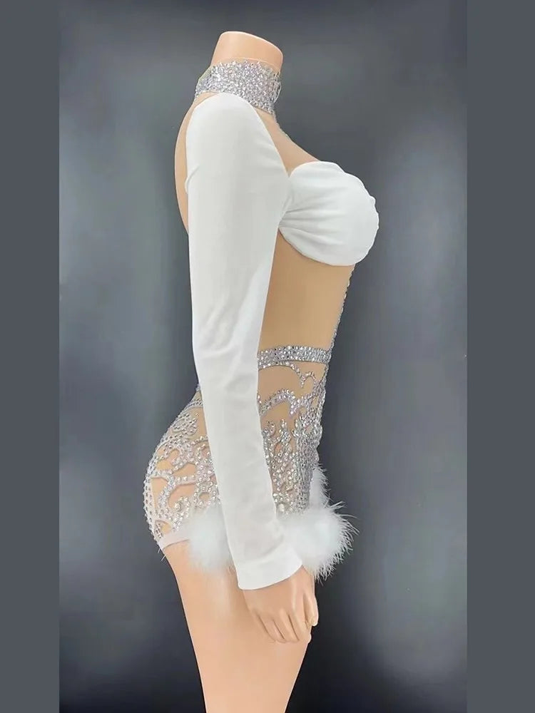 Rhinestone Feather Sheer Performance Bodysuit