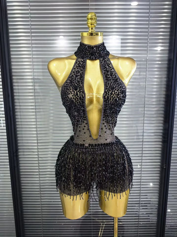 Women Sexy Mesh See Through Shining Sequins Tassels Bodycon Bodysuit Nightclub Party Celebrate Performance Costumes