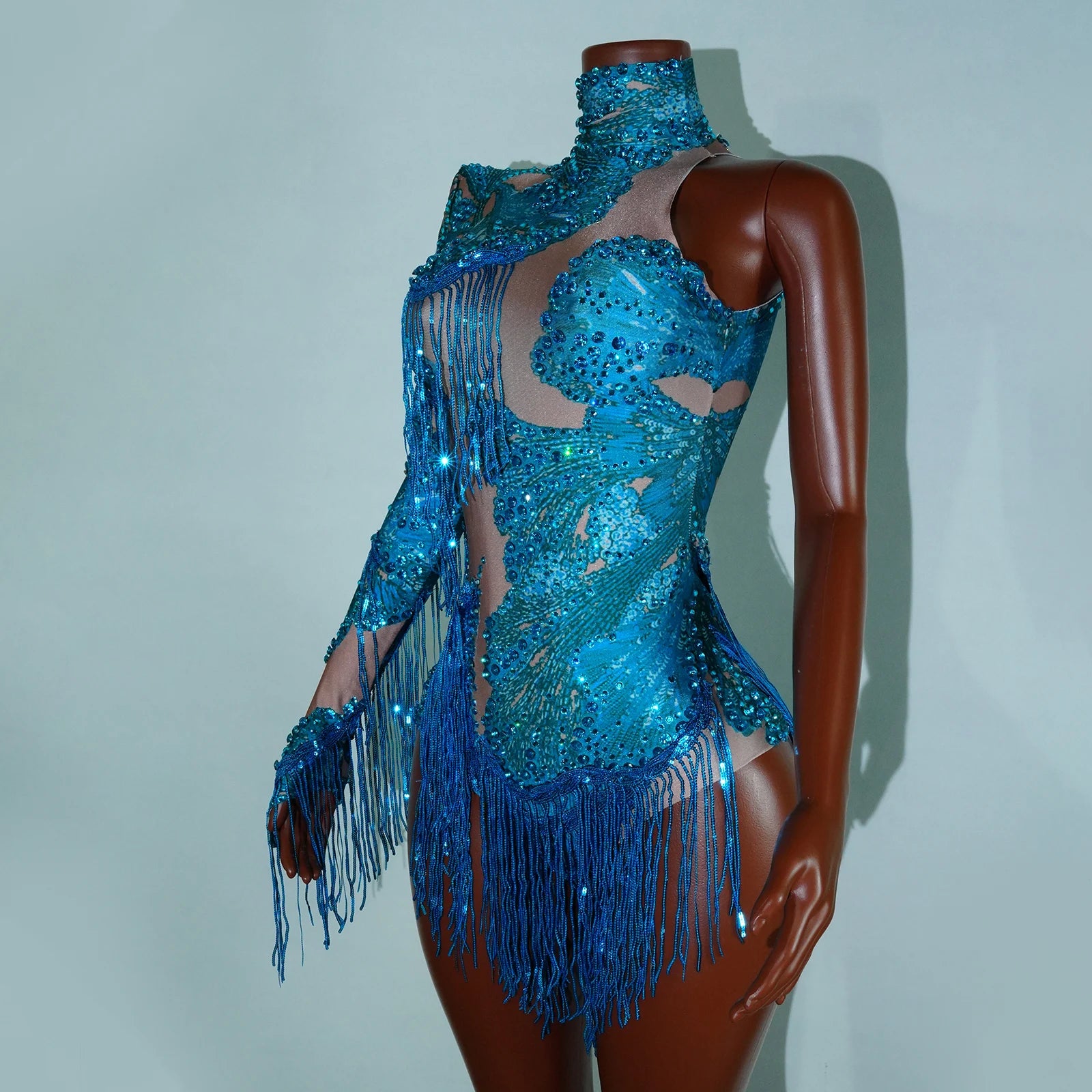 Leopard Sequin Fringe Asymmetrical Bodysuit One-Sleeve Stage Performance Costume