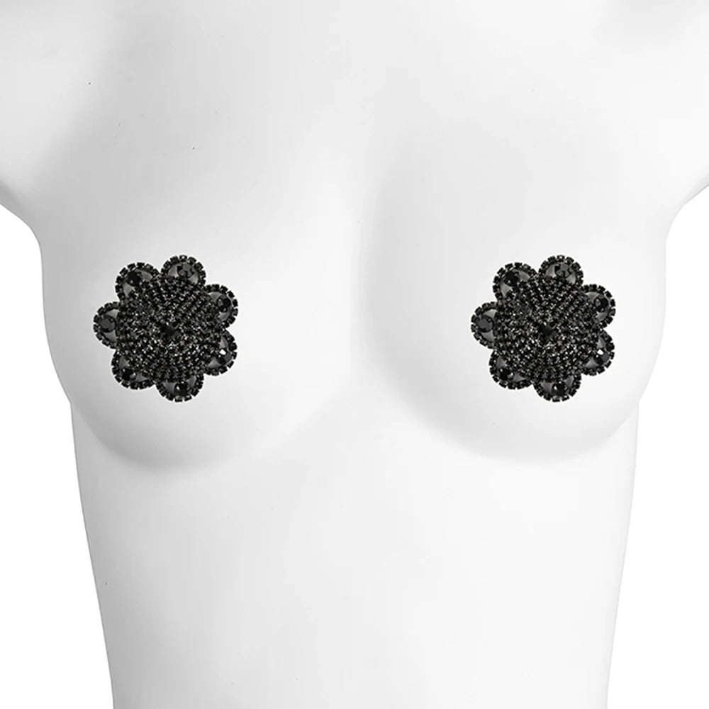 Sparkly Rhinestone Flower Reusable Nipple Pasties Self-Adhesive Silicone Covers