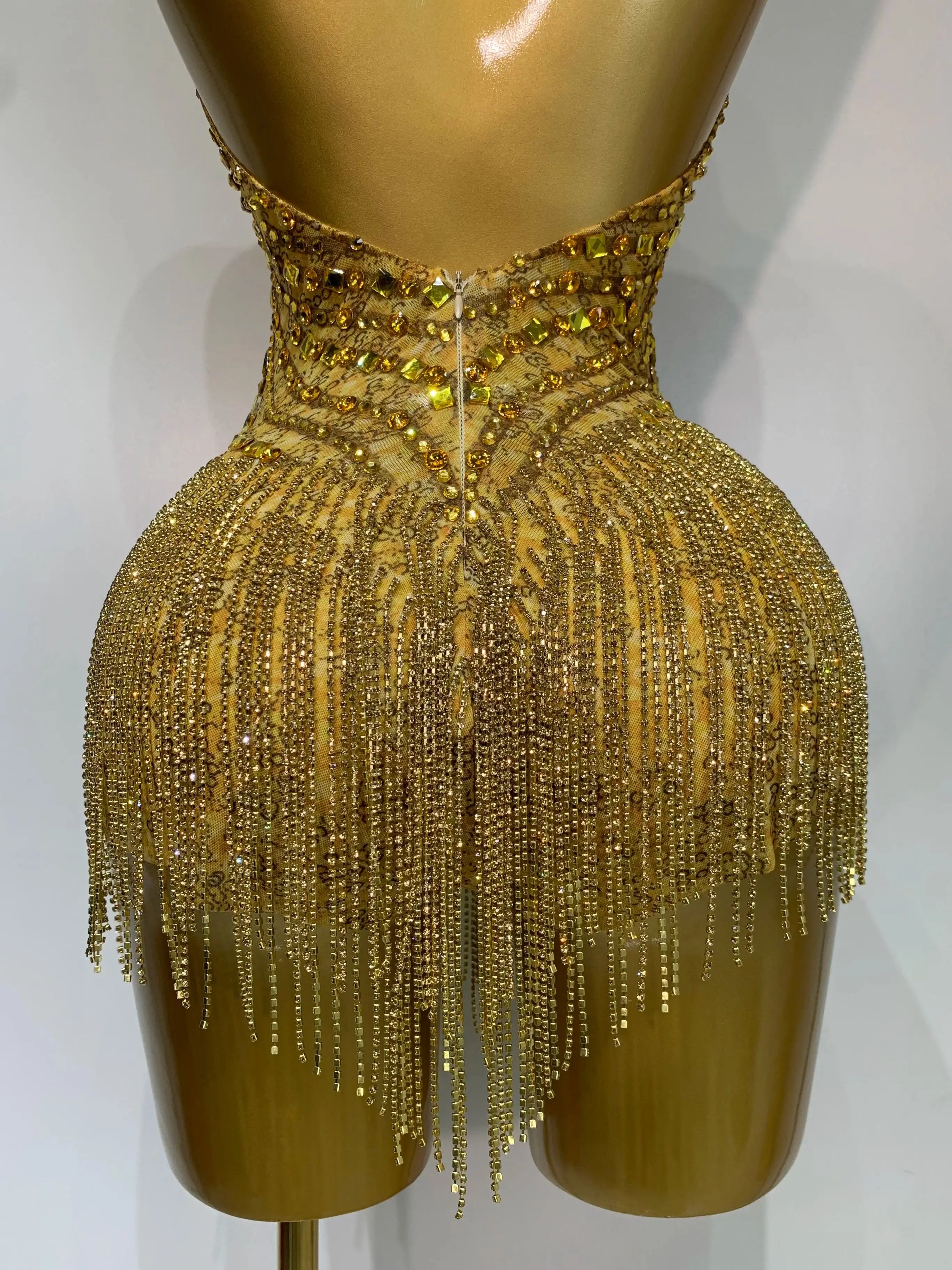 Gold Rhinestone Sheer Mesh Bodysuit Luxury Stage Performance Jumpsuit