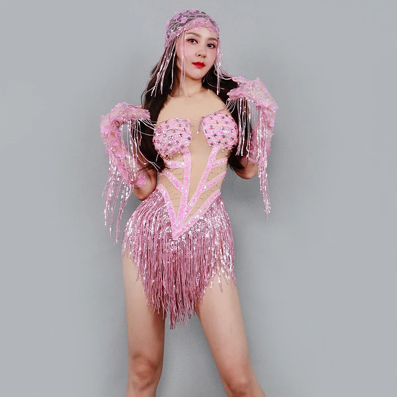 Sexy Pink Fringe Bodysuit – Women's GoGo Dance, Nightclub & Rave Performance Outfit
