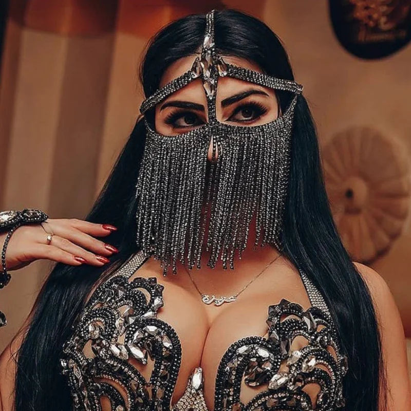 Rhinestone Tassel Costume Face Veil