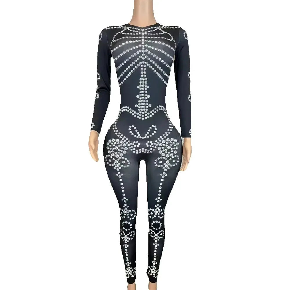 Women's Rhinestone Print Hollow-Out Jumpsuit | Sexy Stage Costume for Nightclub, Festival & Photoshoot