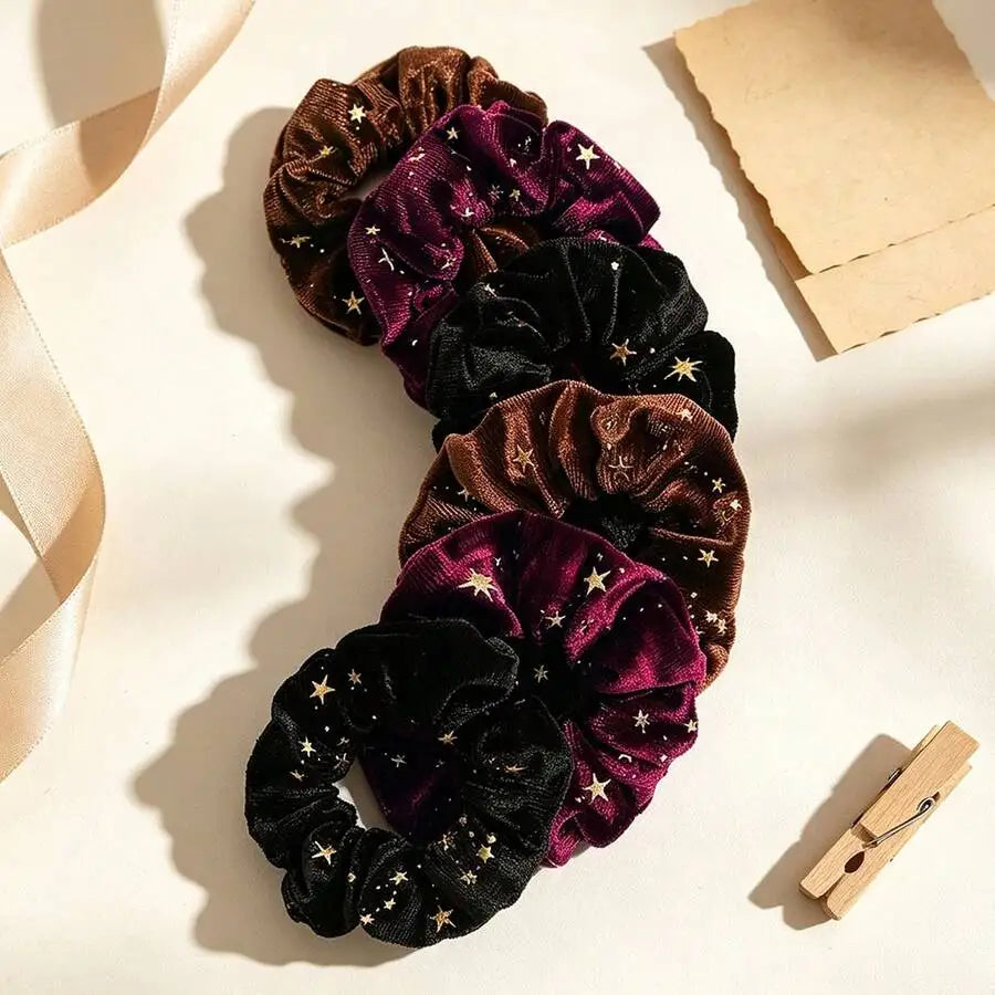 Vintage-Inspired Velvet Gold Star Hair Scrunchies 6-Piece Set
