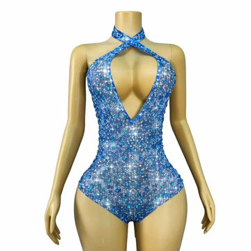 Blue Rhinestones Halter Off-Shoulder Deep V-Neck Mesh Leotard