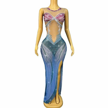 Women's Rhinestone Trim Fit Maxi Dress | Shining Body-Con Gown for Birthday, Wedding & Red Carpet